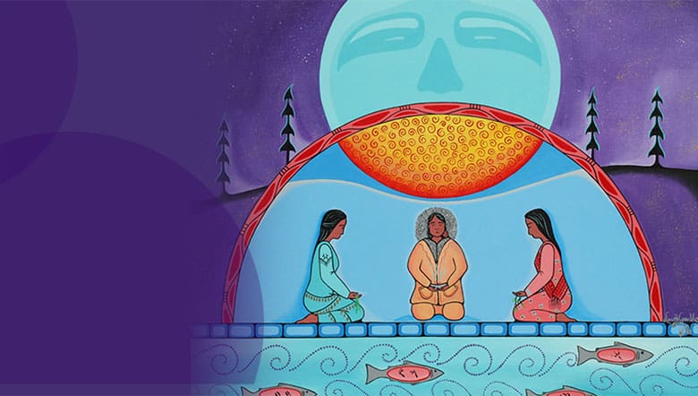 icce conference graphic illustrating three indigenous women sitting in an igloo with a blue moon rising overhead